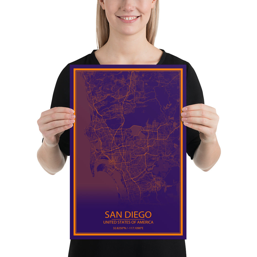 San Diego Purple and Orange Paper Map