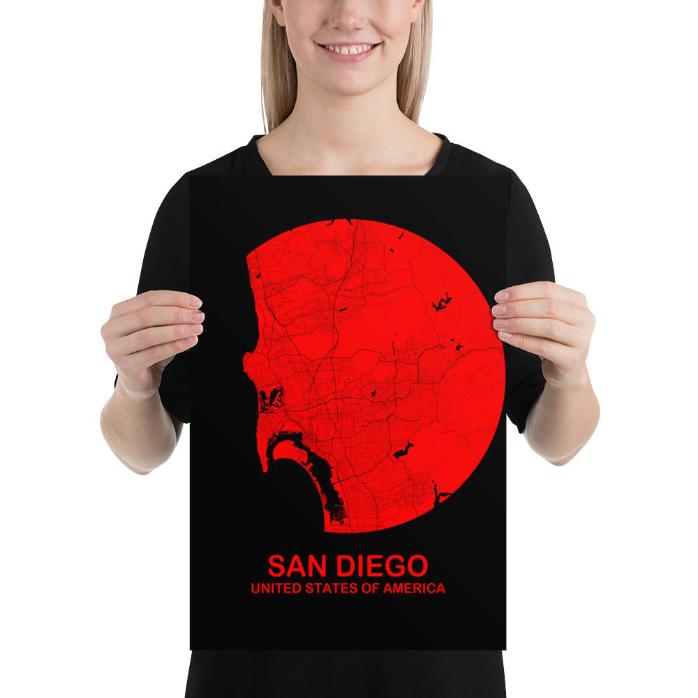 San Diego Circular Red Paper Map