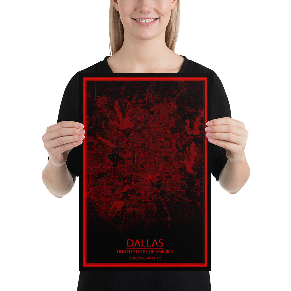 Dallas Black and Red Paper Map