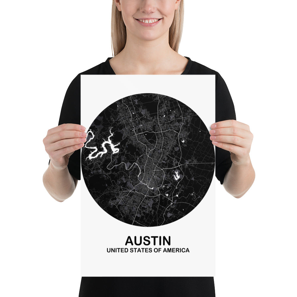 Austin Circular Black Paper Map