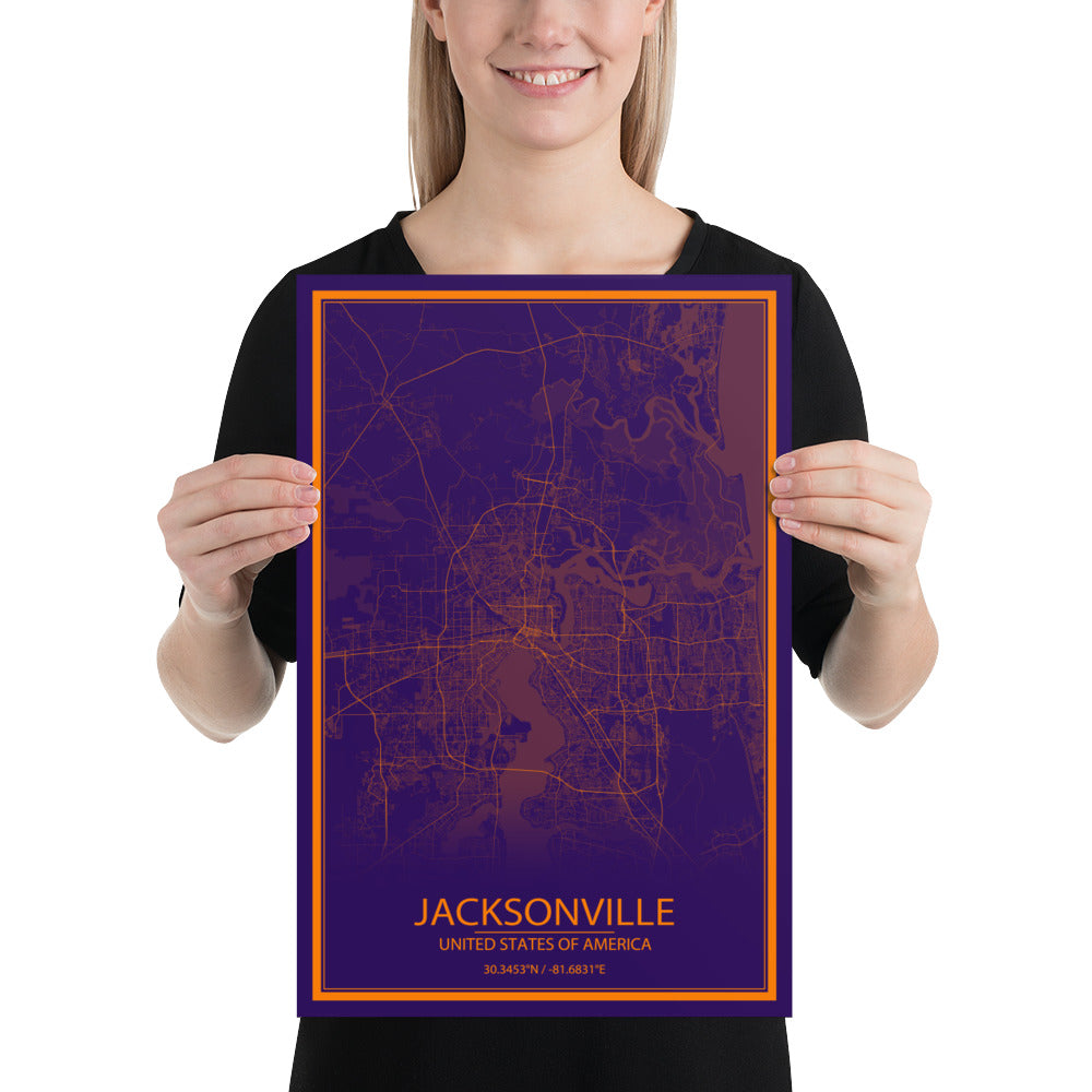 Jacksonville Purple and Orange Paper Map