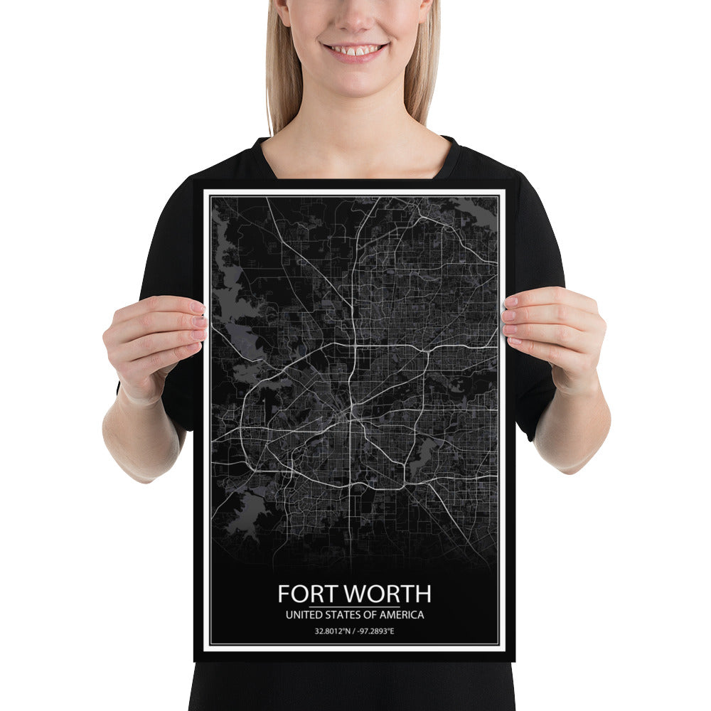 Fort Worth Black Paper Map