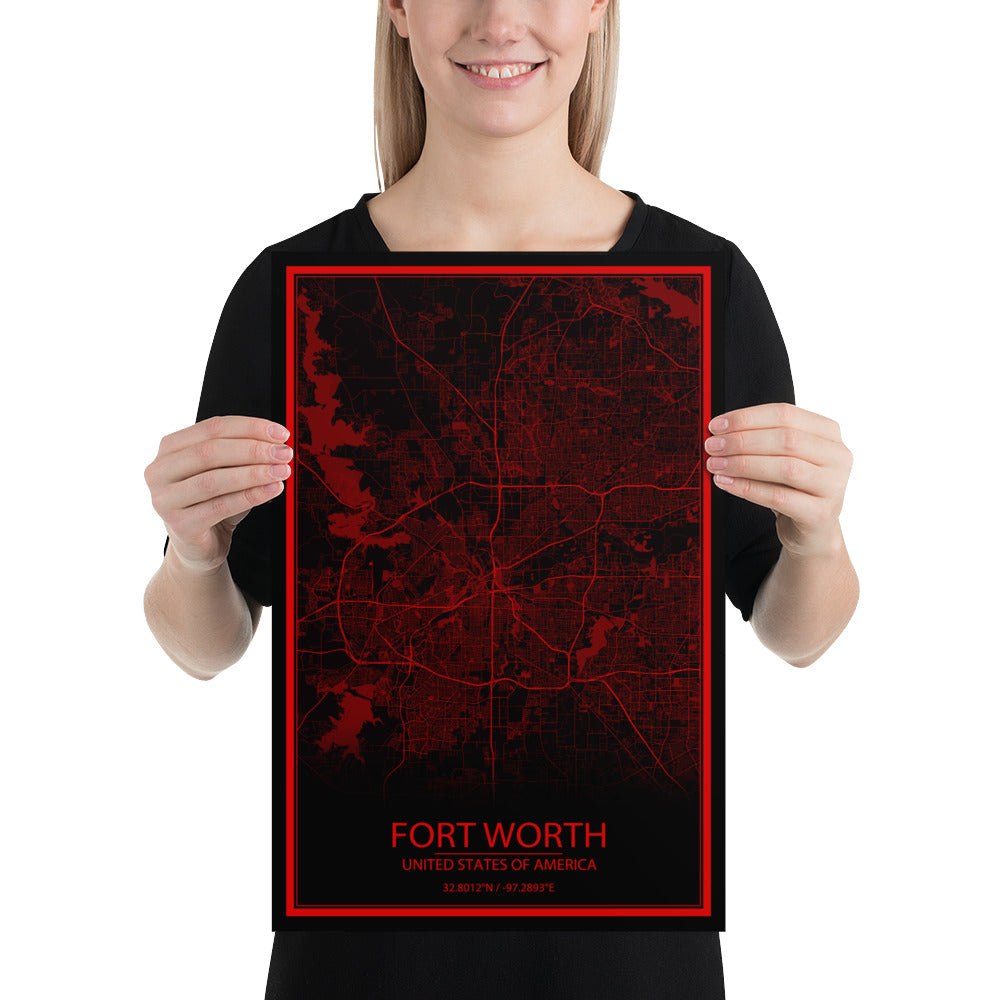 Fort Worth Black and Red Paper Map