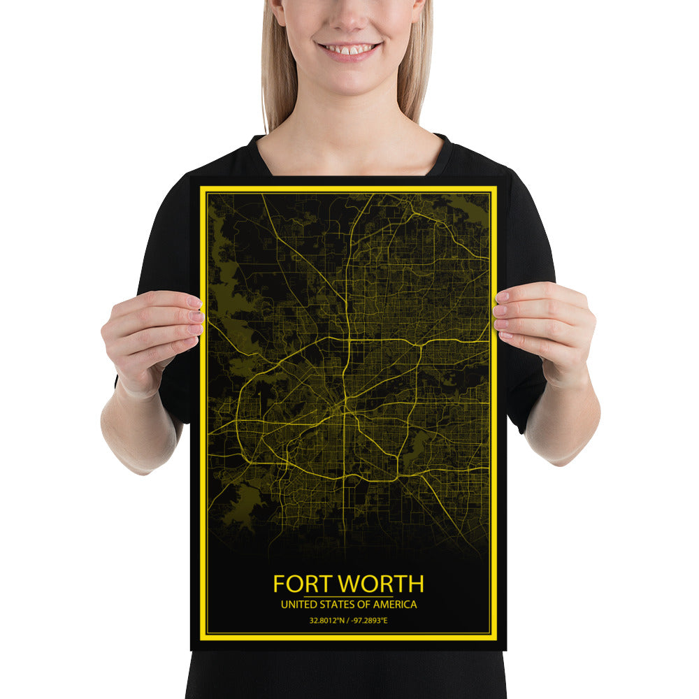 Fort Worth Black and Yellow Paper Map