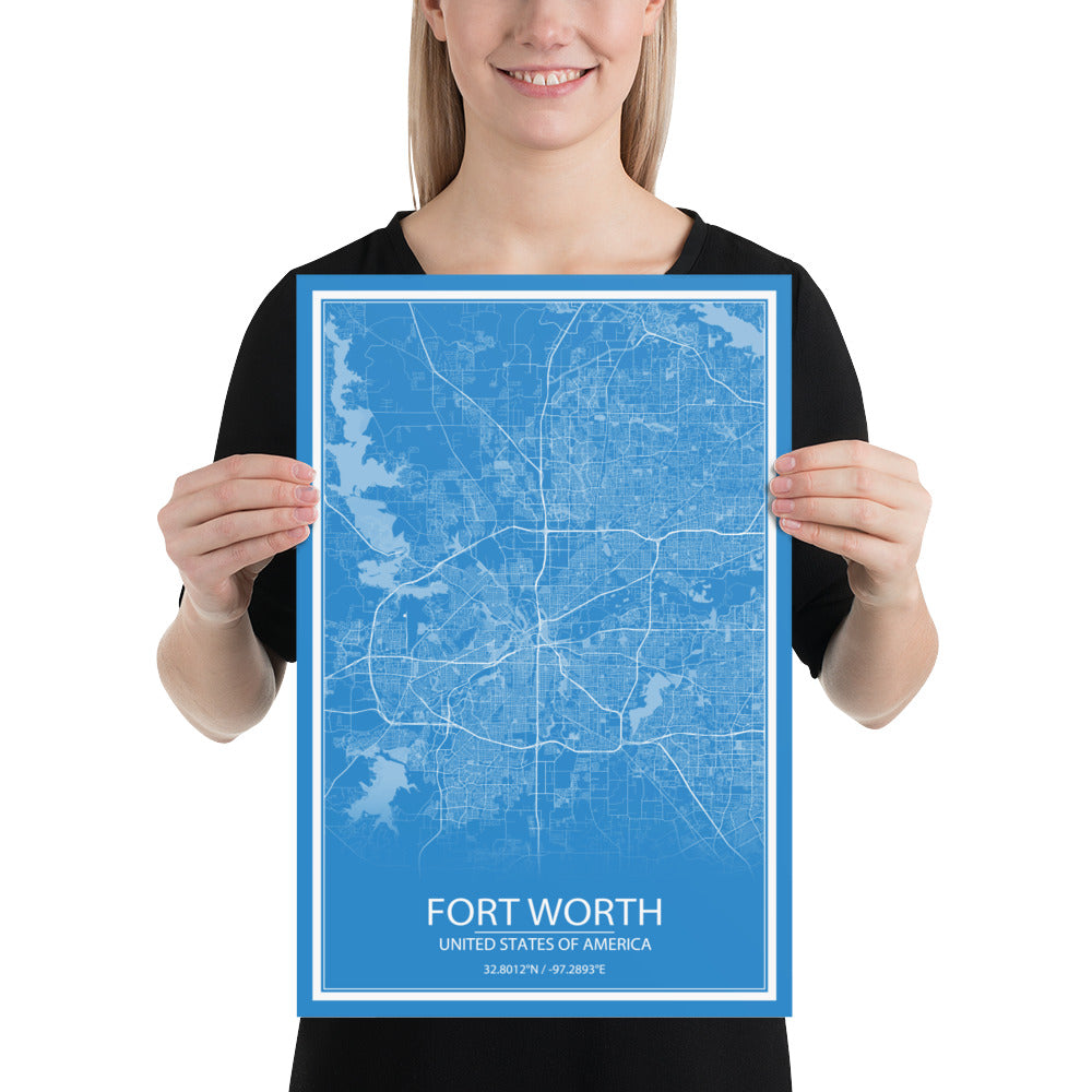 Fort Worth Blue and White Paper Map