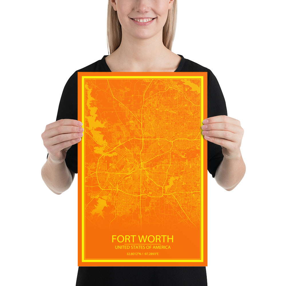 Fort Worth Orange and Yellow Paper Map