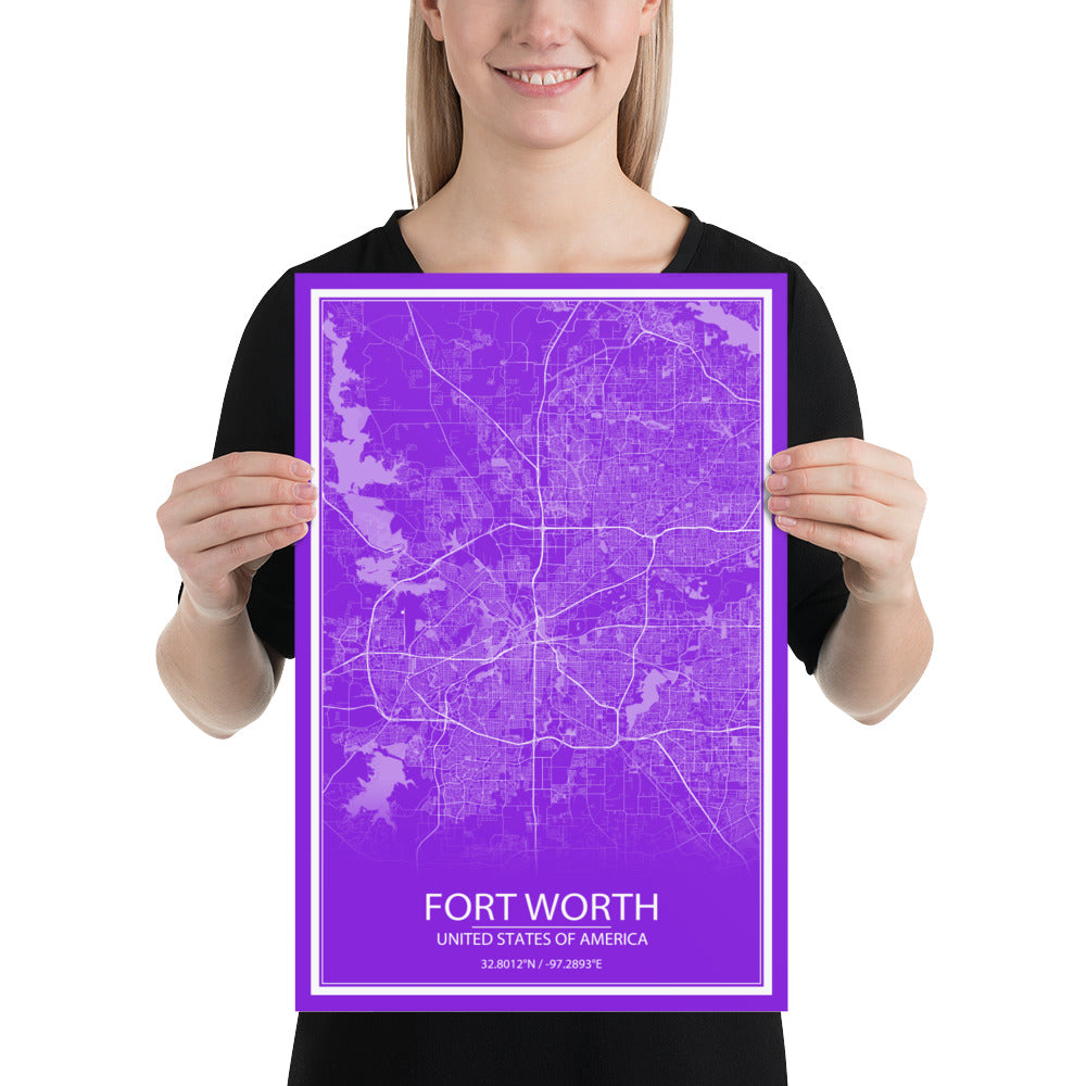 Fort Worth Purple and White Paper Map