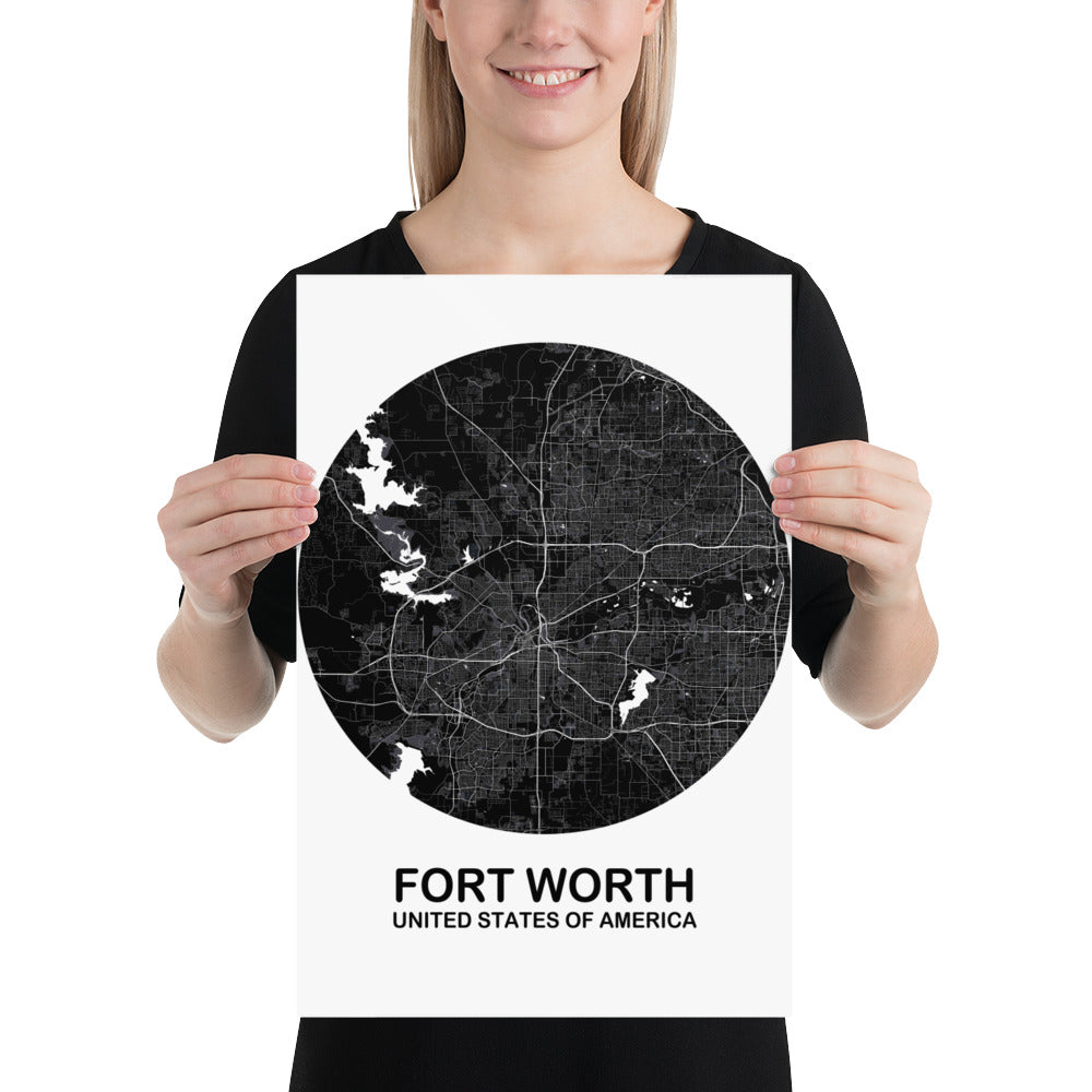 Fort Worth Circular Black Paper Map