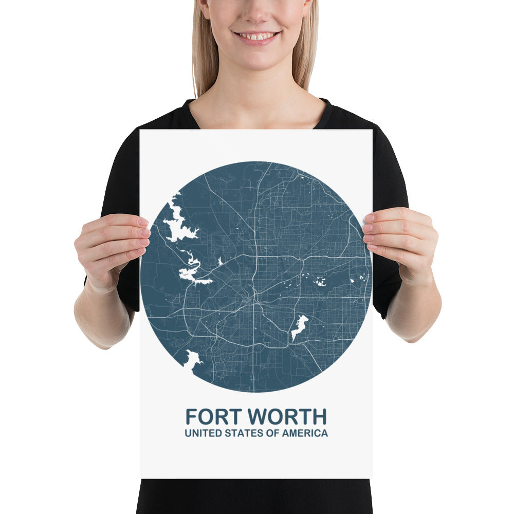 Fort Worth Circular Blue Paper Map