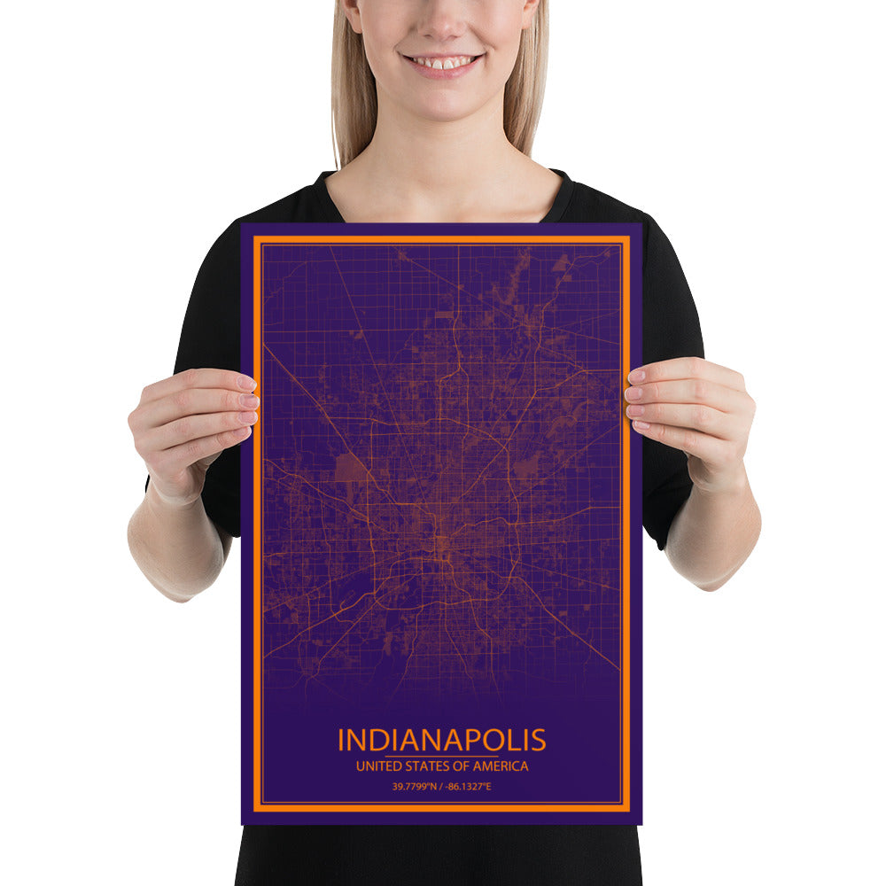 Indianapolis Purple and Orange Paper Map