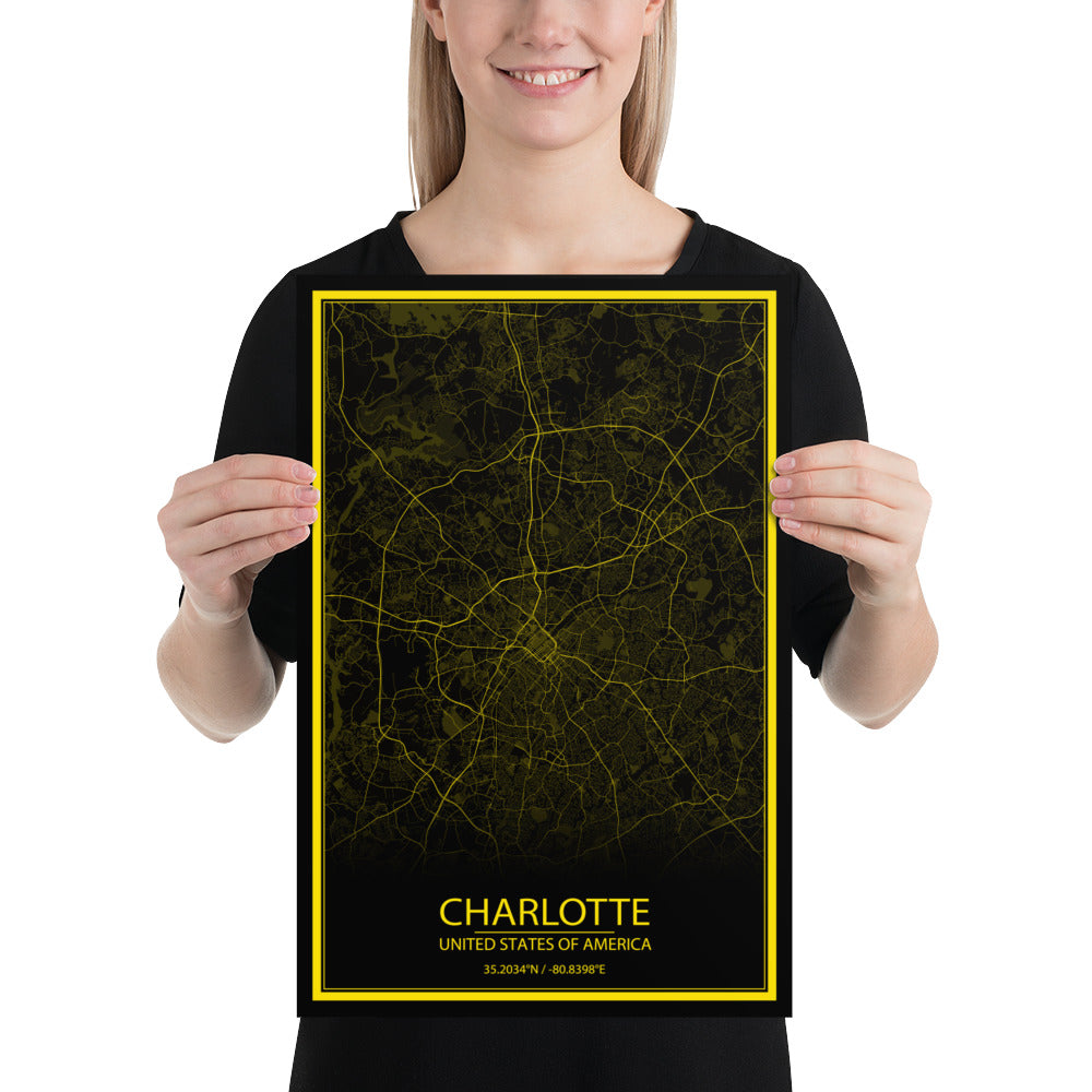 Charlotte Black and Yellow Paper Map