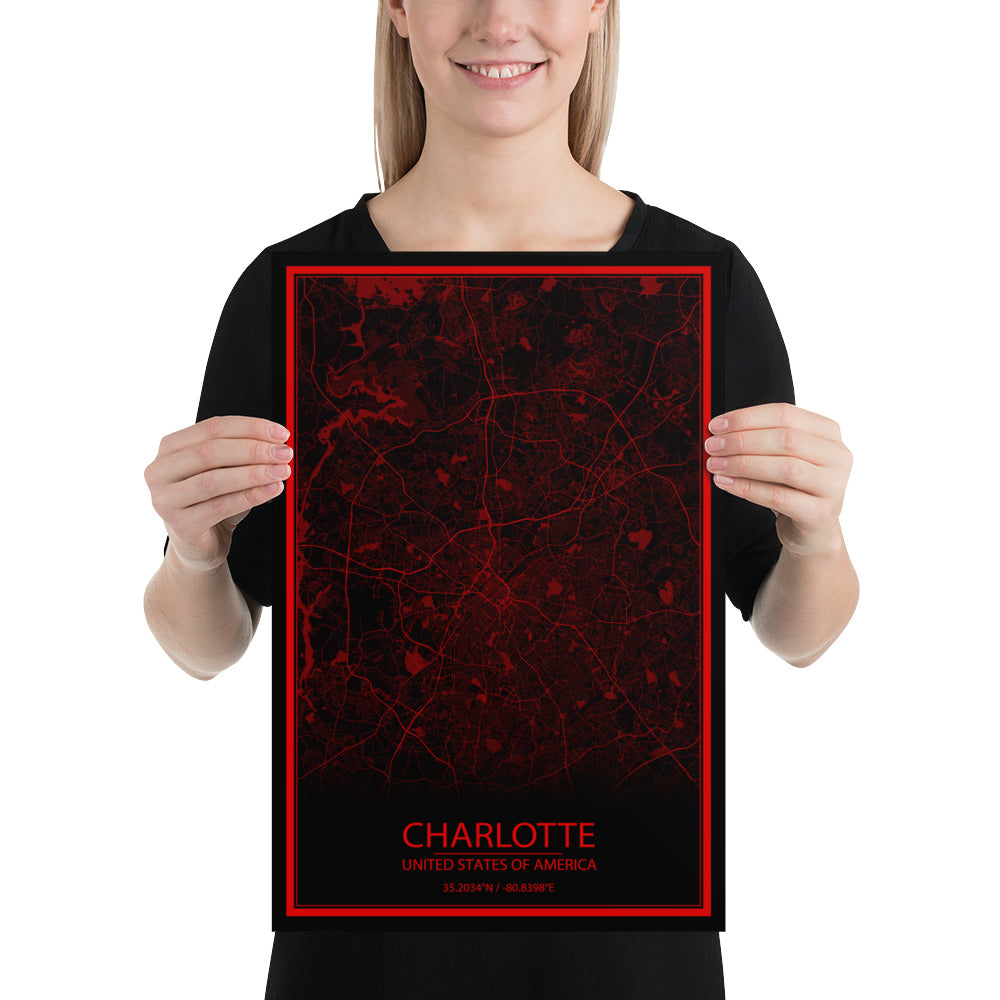 Charlotte Black and Red Paper Map