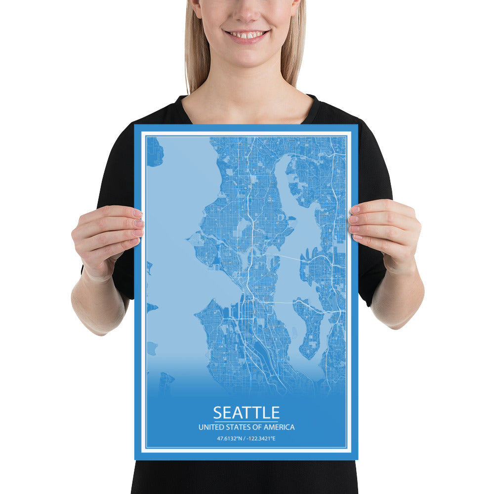 Seattle Blue and White Paper Map