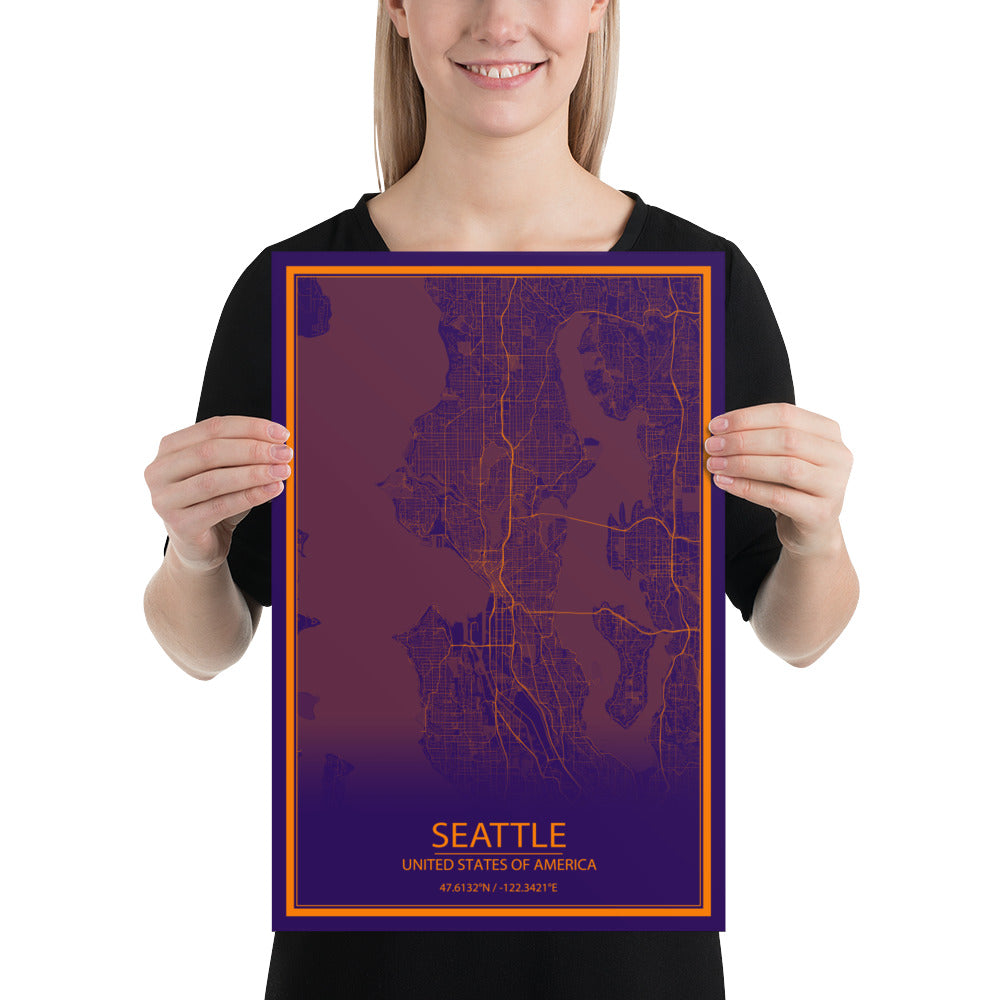 Seattle Purple and Orange Paper Map