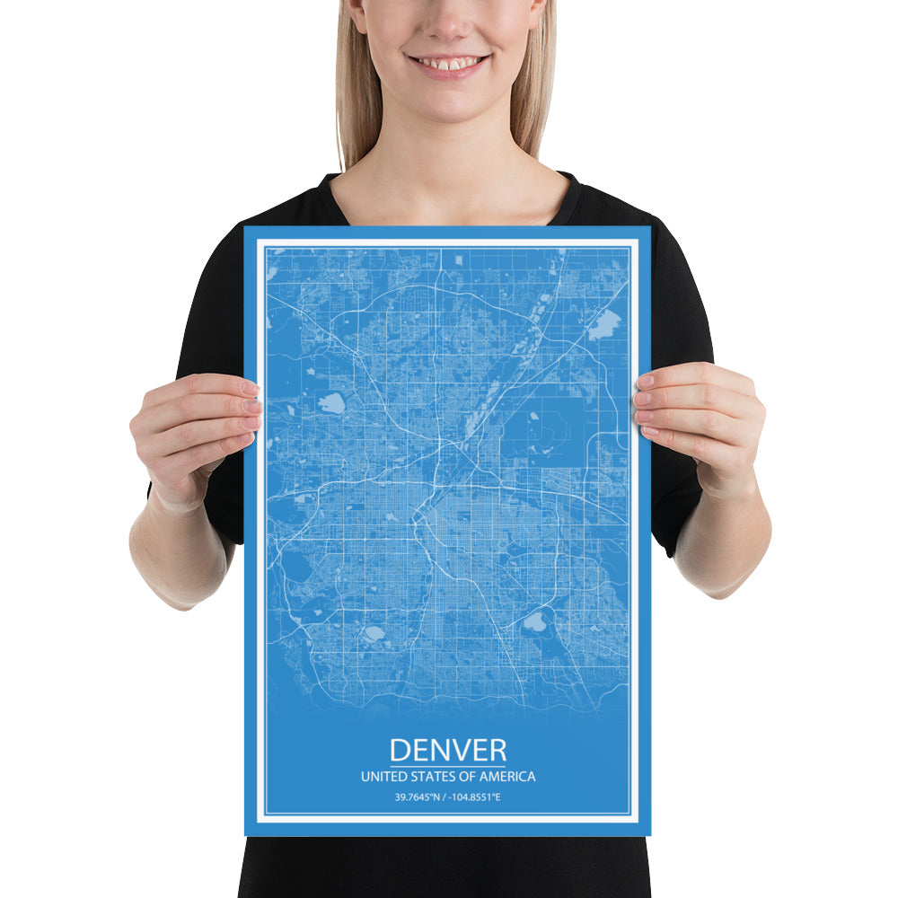 Denver Blue and White Paper Map