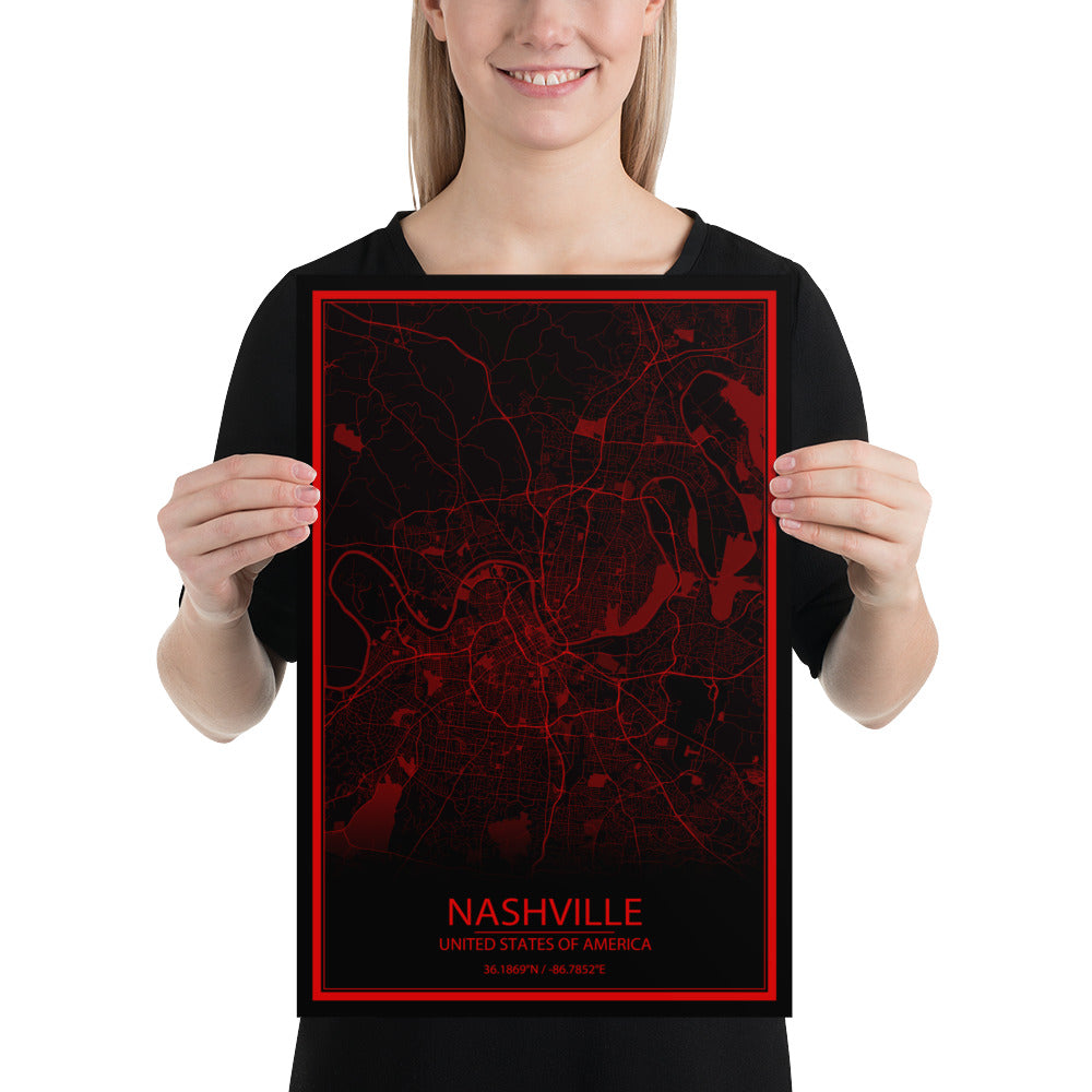 Nashville Black and Red Paper Map