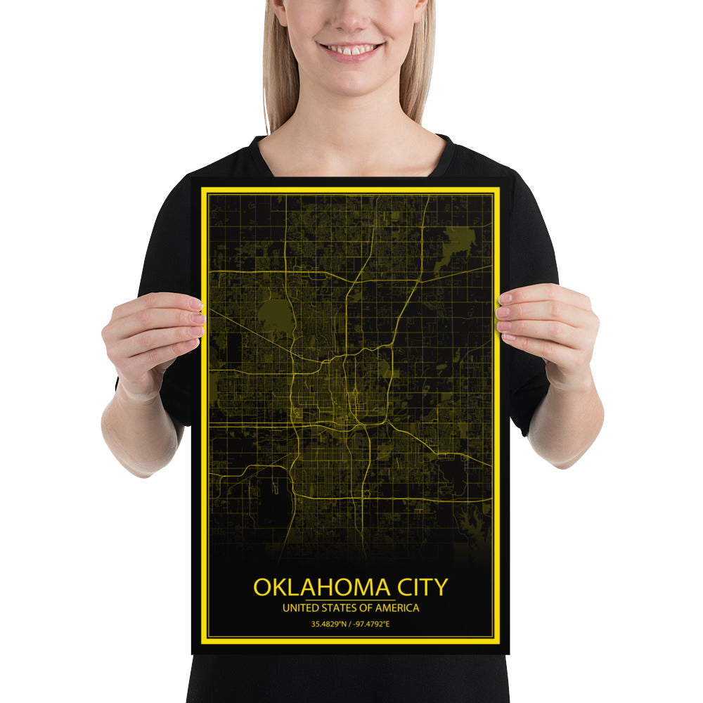 Oklahoma City Black and Yellow Paper Map