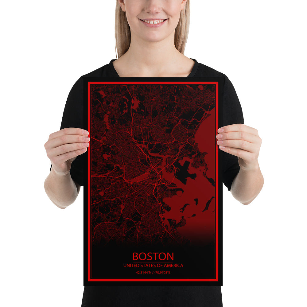 Boston Black and Red Paper Map