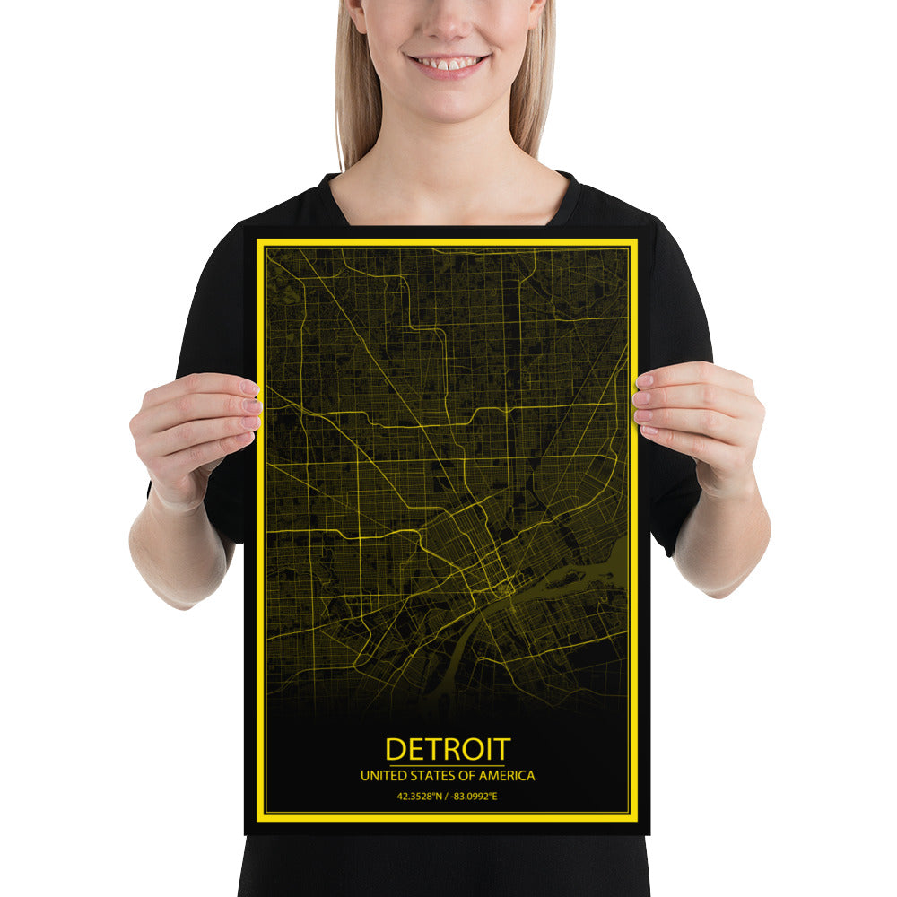 Detroit Black and Yellow Paper Map