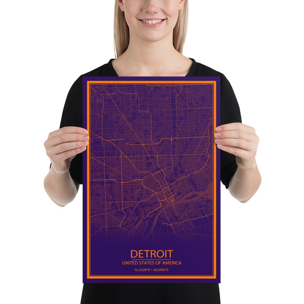 Detroit Purple and Orange Paper Map