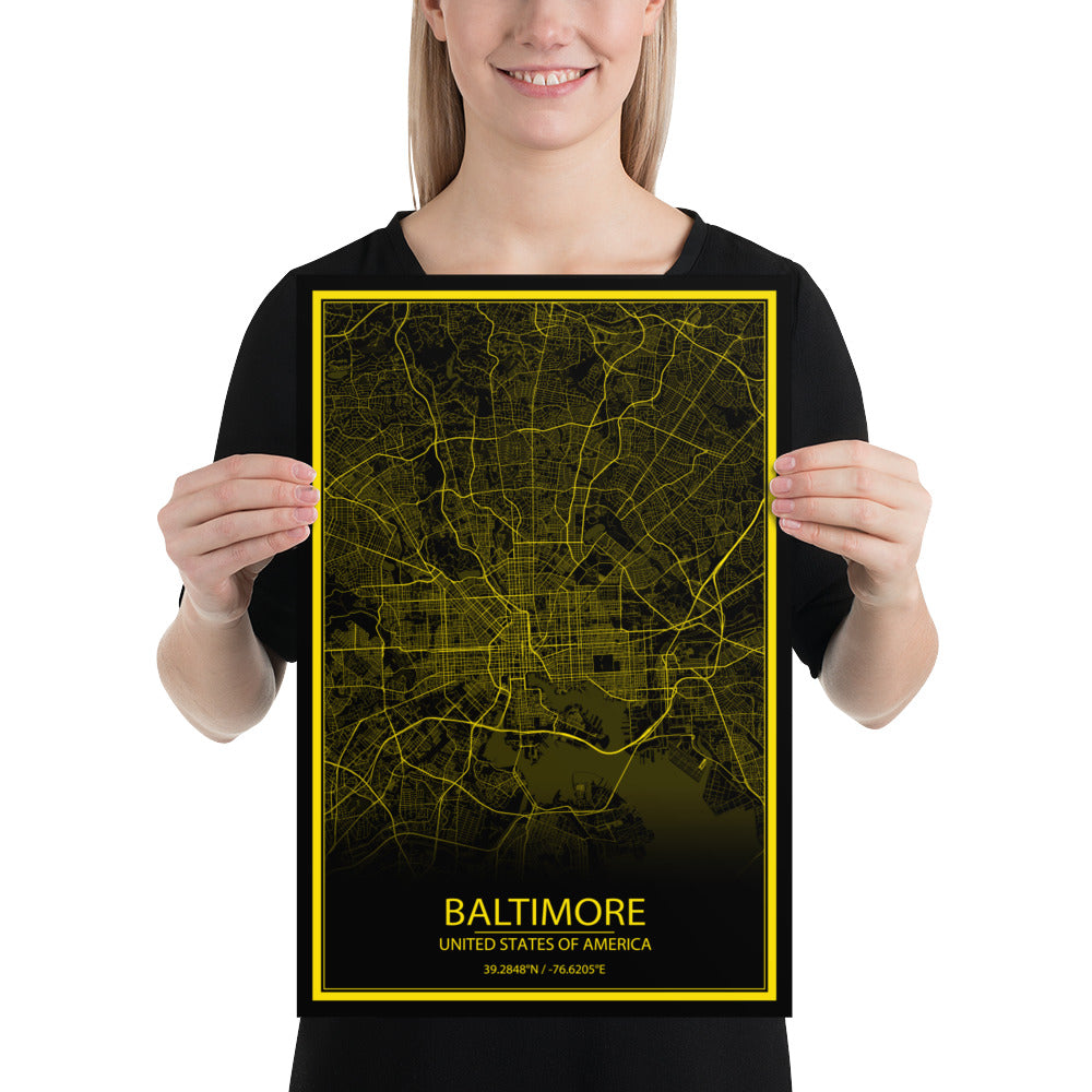 Baltimore Black and Yellow Paper Map