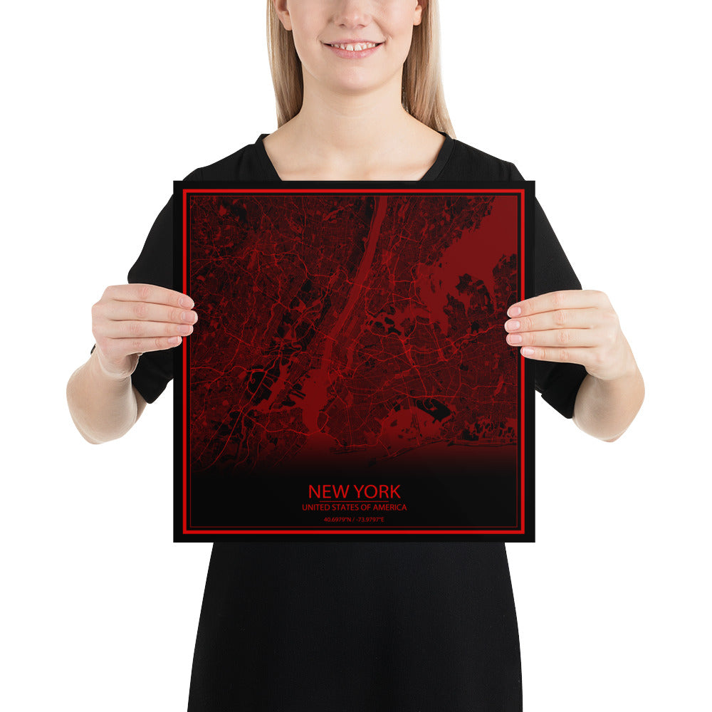 New York Black and Red Paper Map