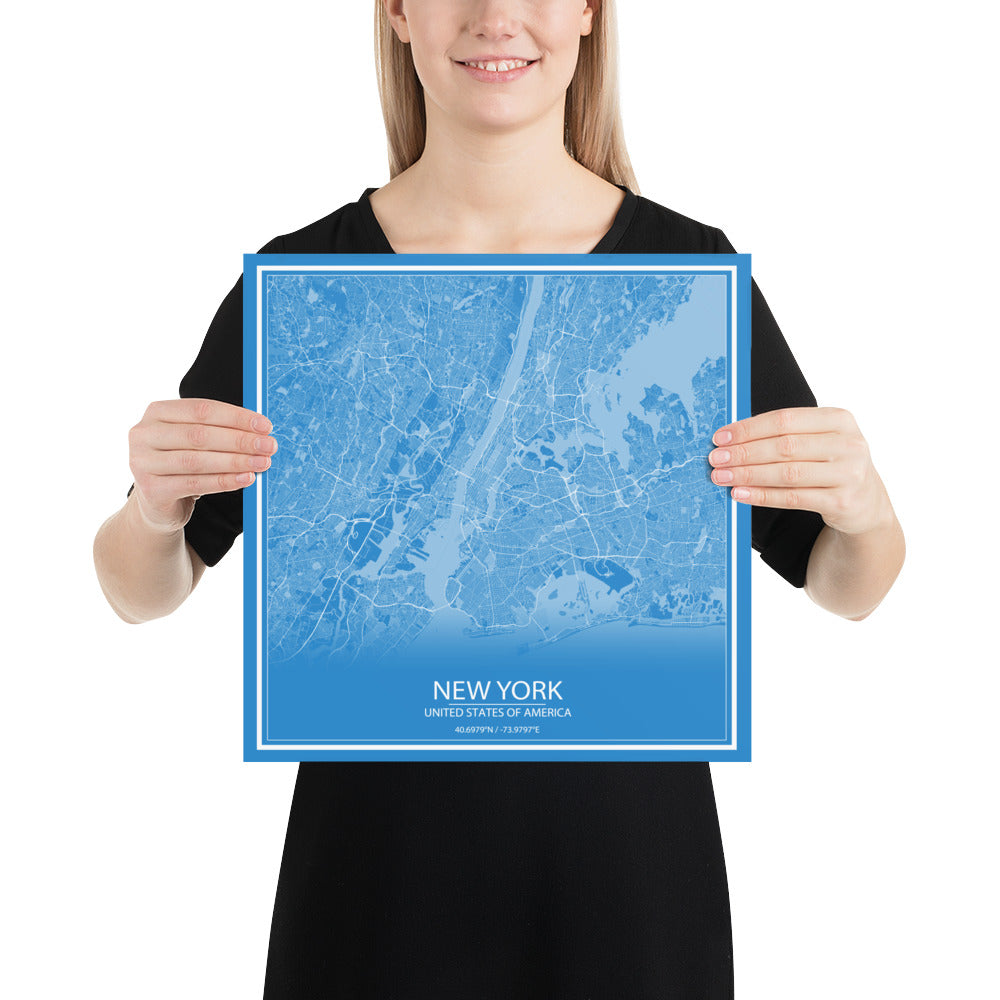 New York Blue and White Paper Map