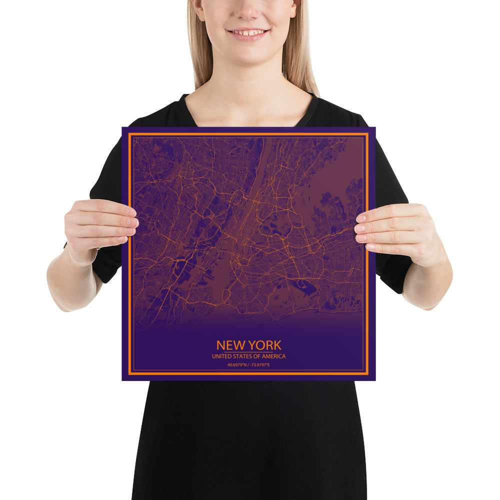 New York Purple and Orange Paper Map