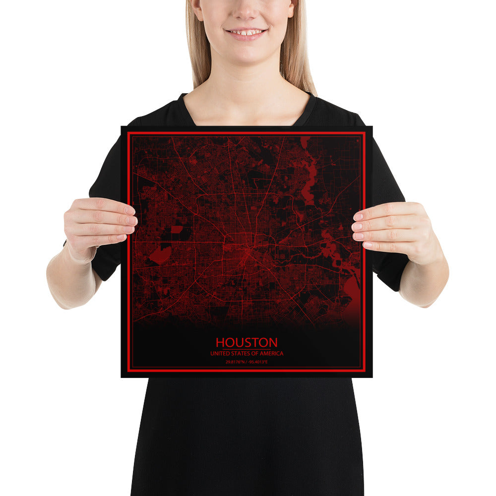 Houston Black and Red Paper Map