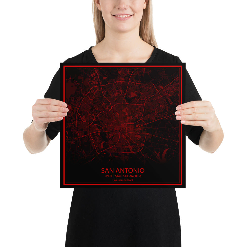 San Antonio Black and Red Paper Map