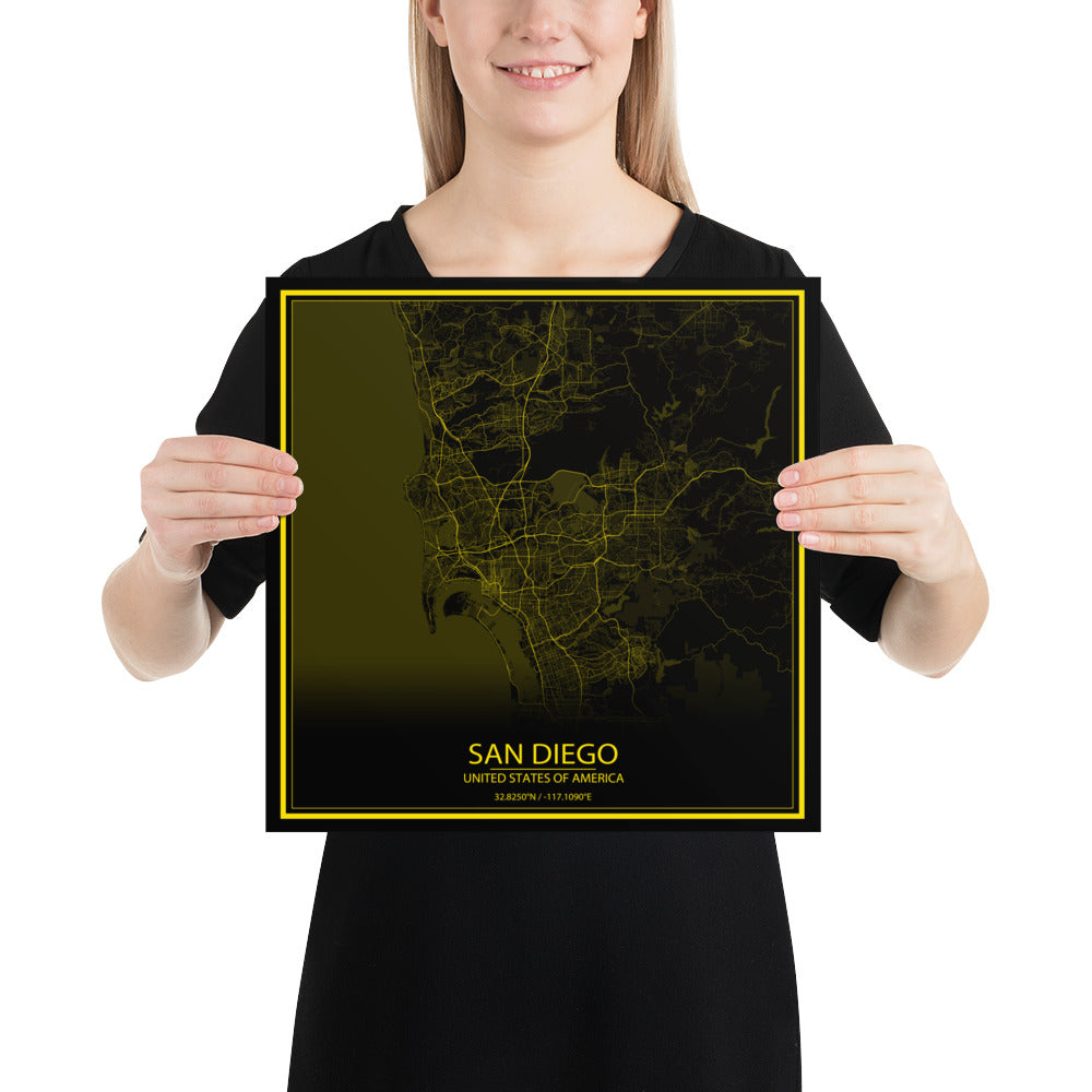 San Diego Black and Yellow Paper Map