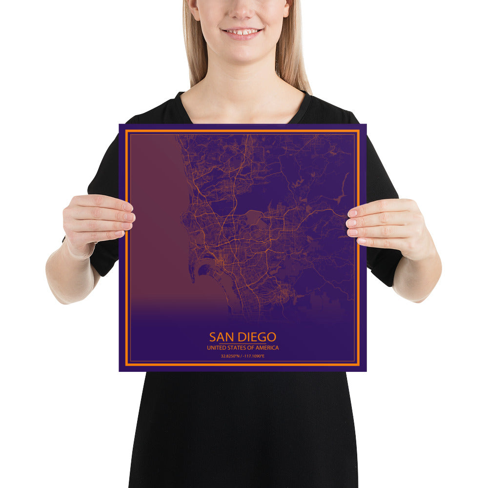 San Diego Purple and Orange Paper Map