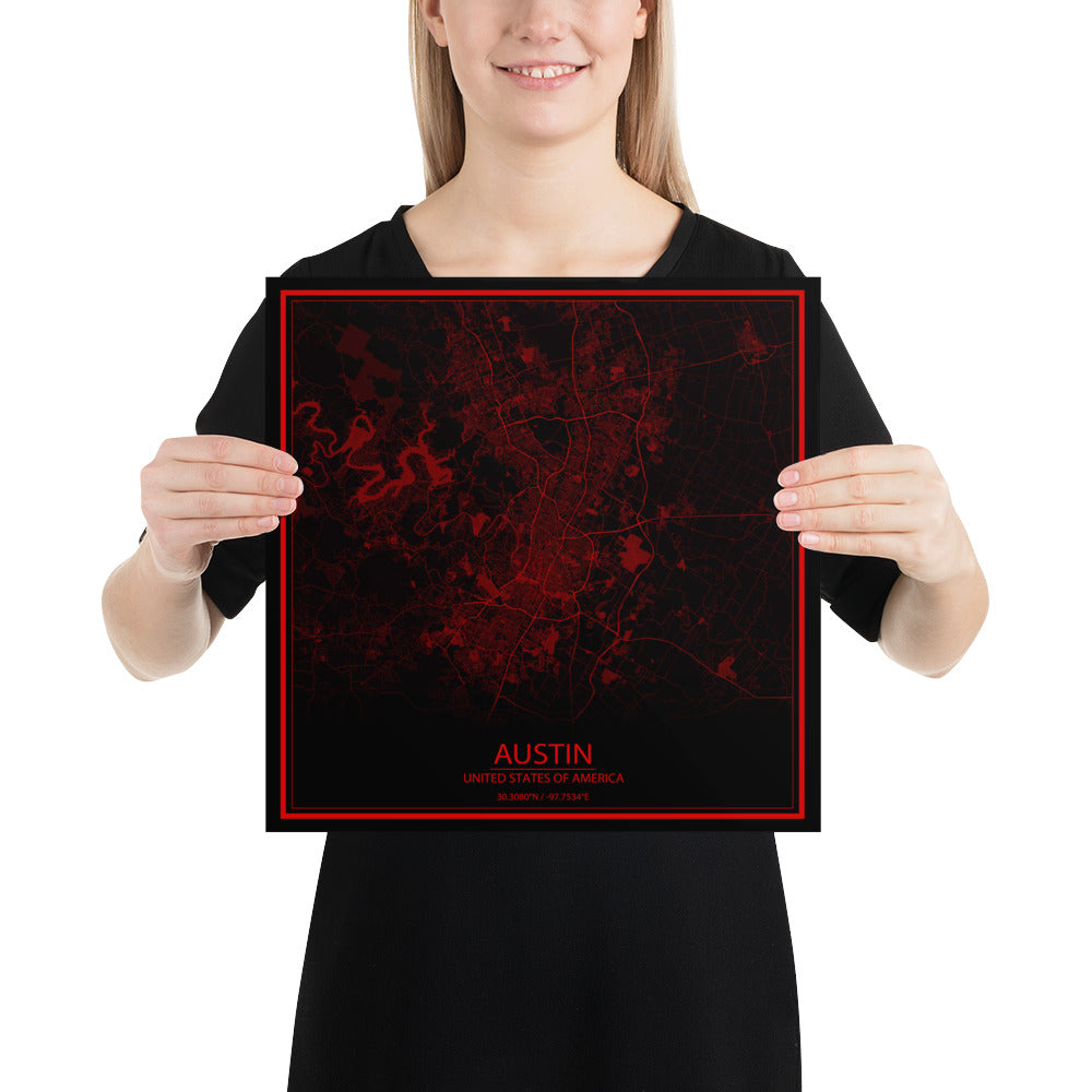 Austin Black and Red Paper Map