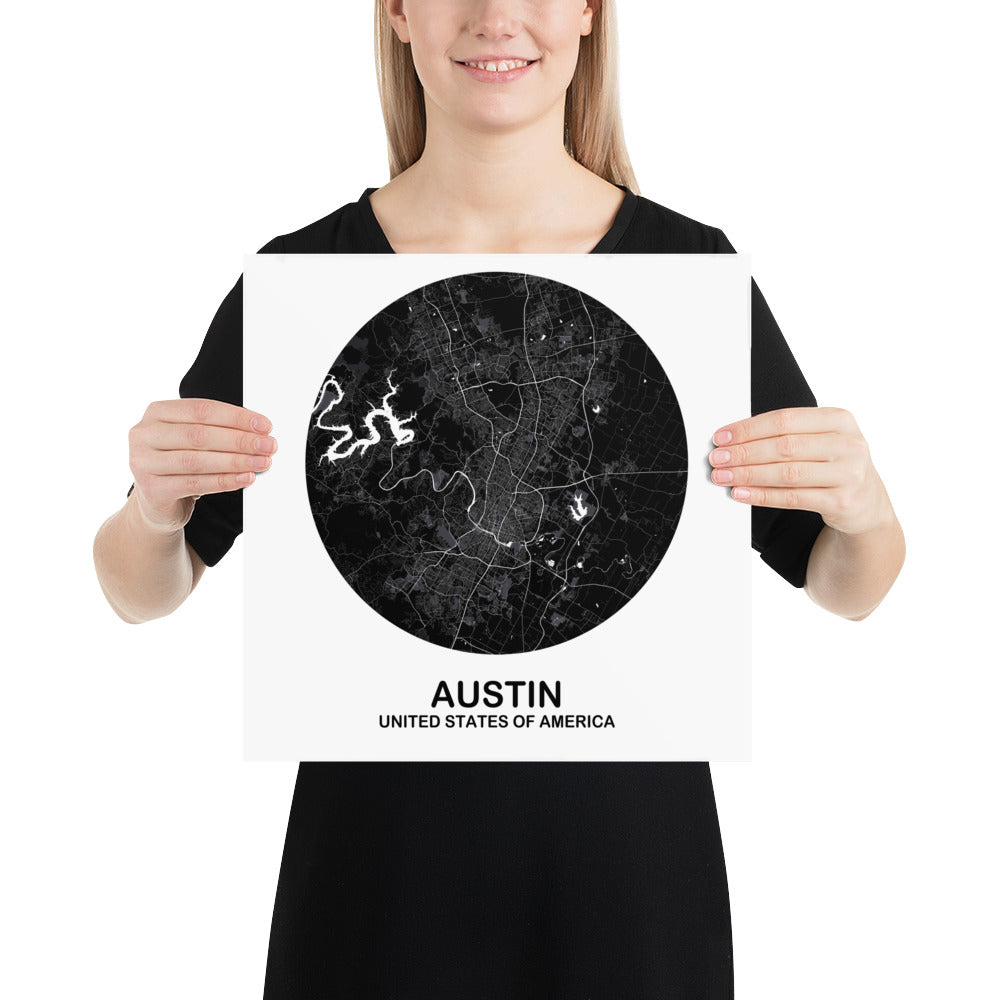 Austin Circular Black Paper Map