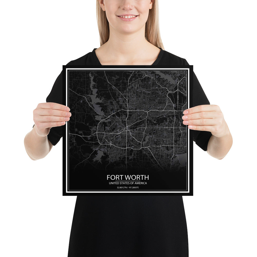 Fort Worth Black Paper Map