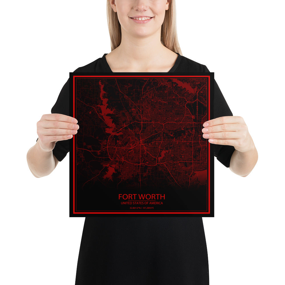 Fort Worth Black and Red Paper Map