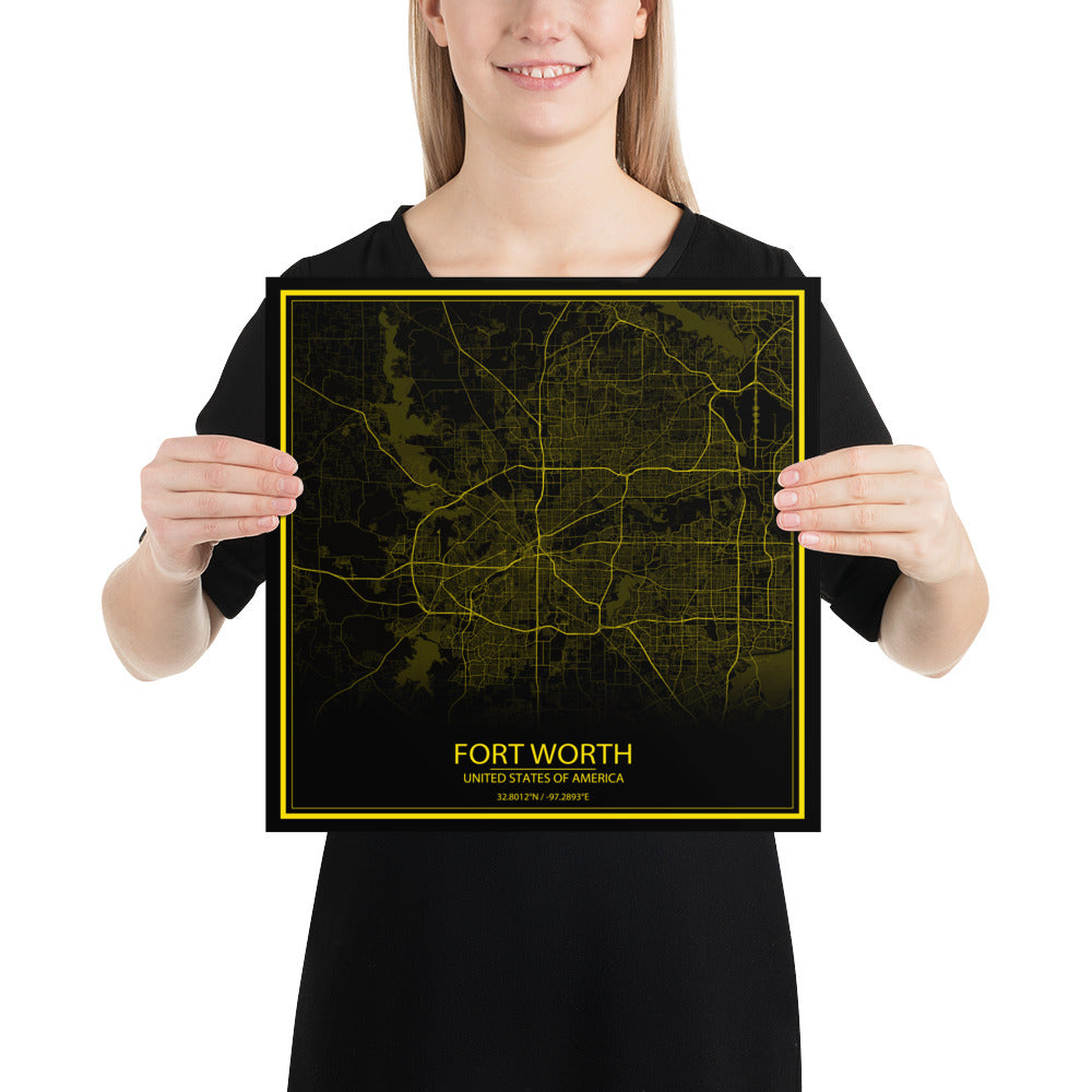 Fort Worth Black and Yellow Paper Map