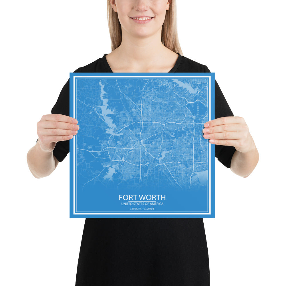 Fort Worth Blue and White Paper Map