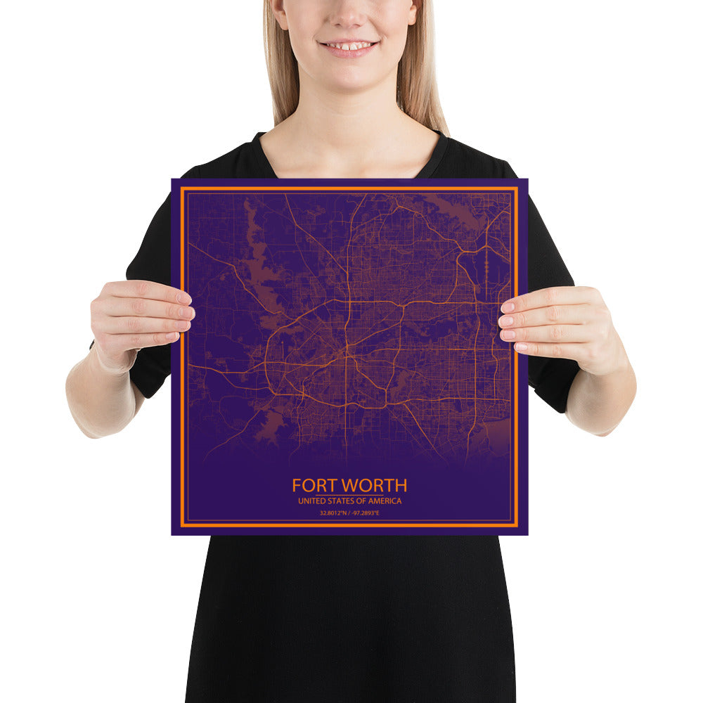 Fort Worth Purple and Orange Paper Map