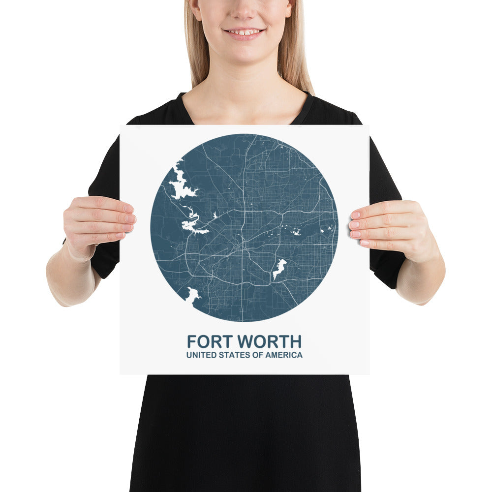 Fort Worth Circular Blue Paper Map