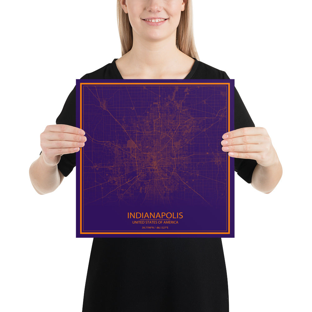 Indianapolis Purple and Orange Paper Map