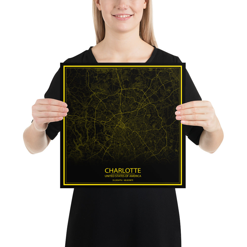 Charlotte Black and Yellow Paper Map