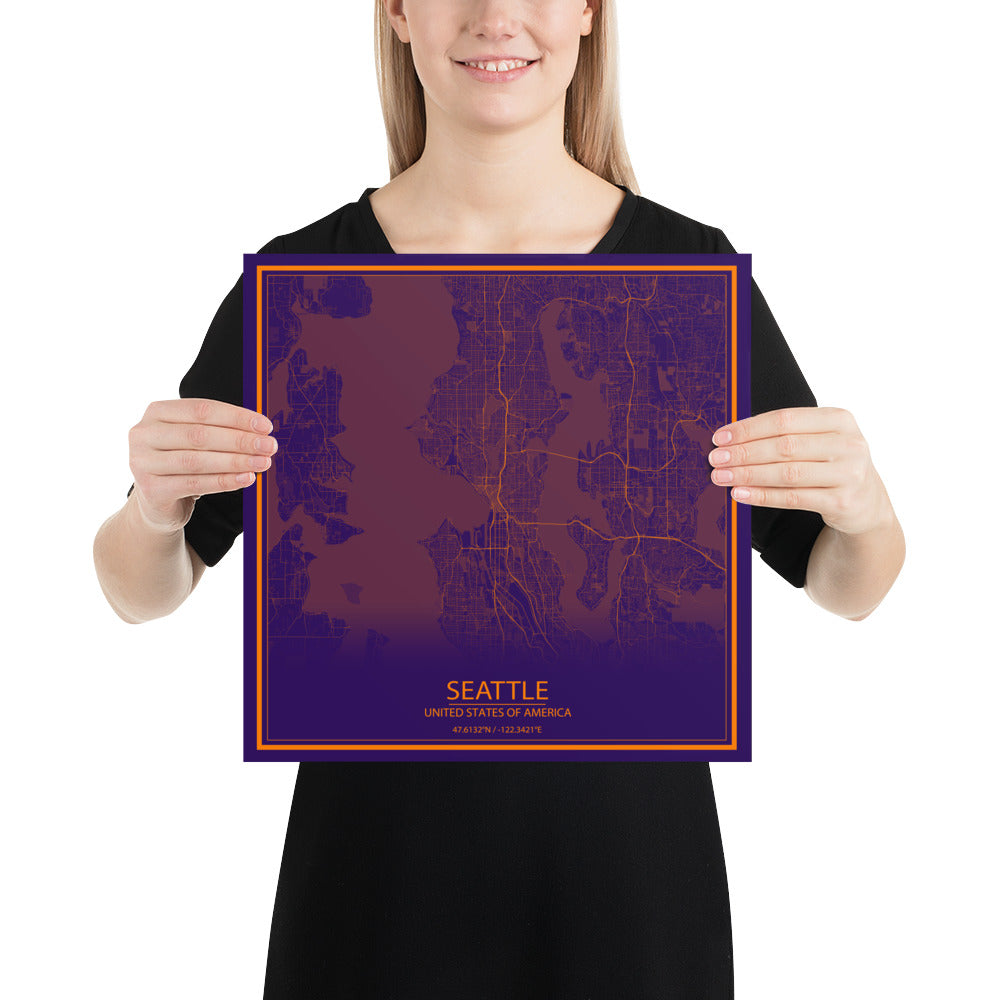 Seattle Purple and Orange Paper Map