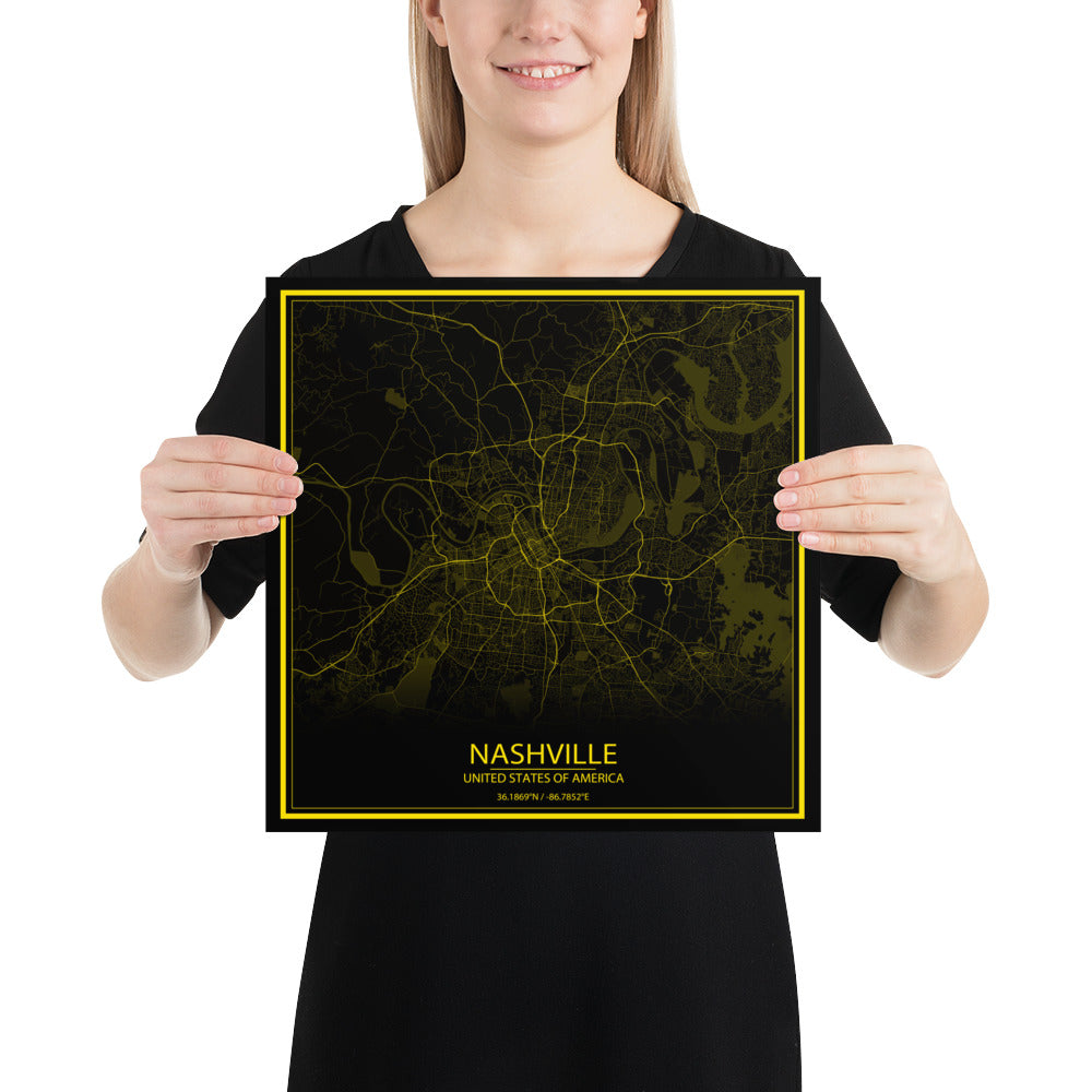 Nashville Black and Yellow Paper Map