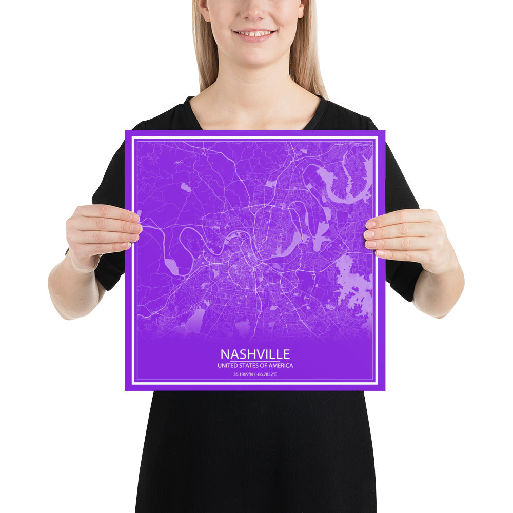 Nashville Purple and White Paper Map