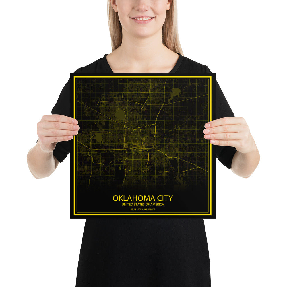 Oklahoma City Black and Yellow Paper Map