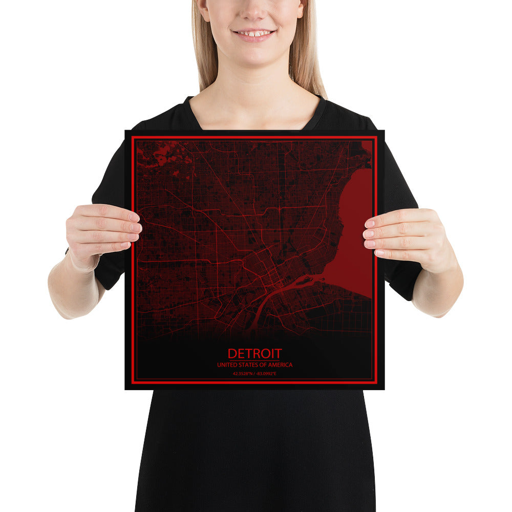 Detroit Black and Red Paper Map