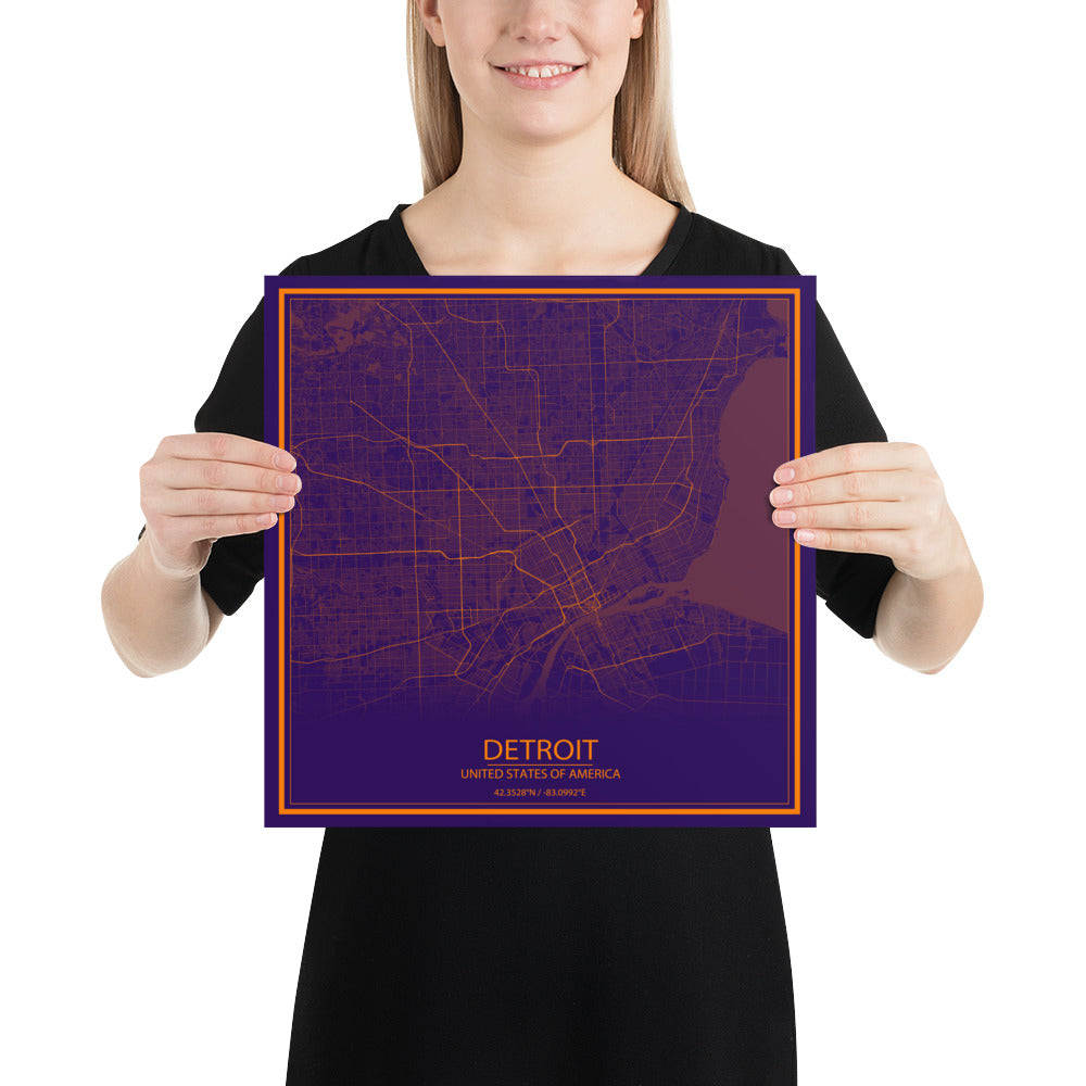 Detroit Purple and Orange Paper Map