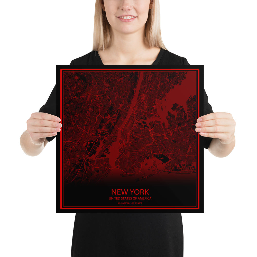 New York Black and Red Paper Map