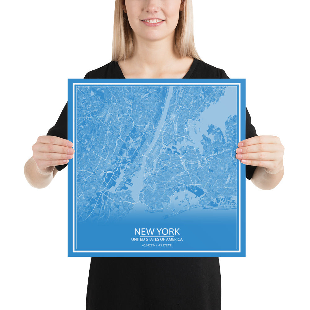 New York Blue and White Paper Map